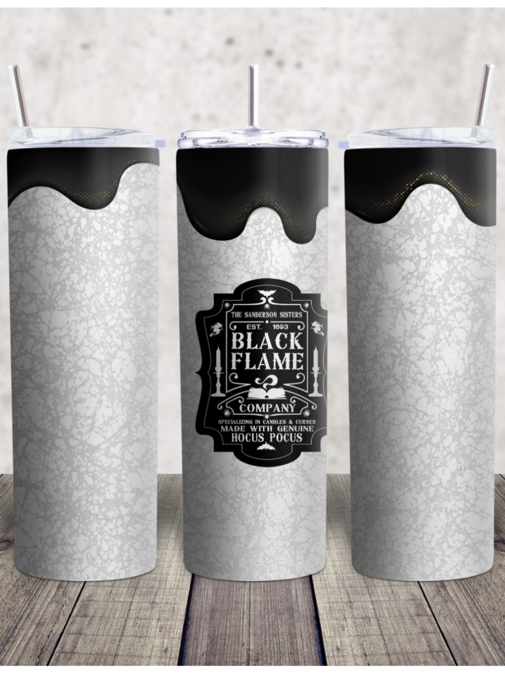 Hand Crafted Gray & Black Tumbler with Black Flame Emblem